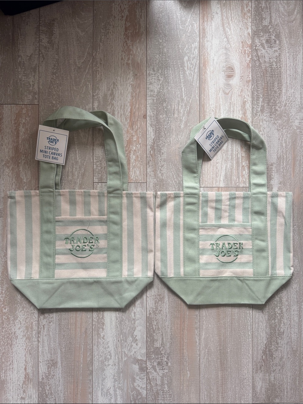 Trader Joe's Green Striped Canvas Tote Bags